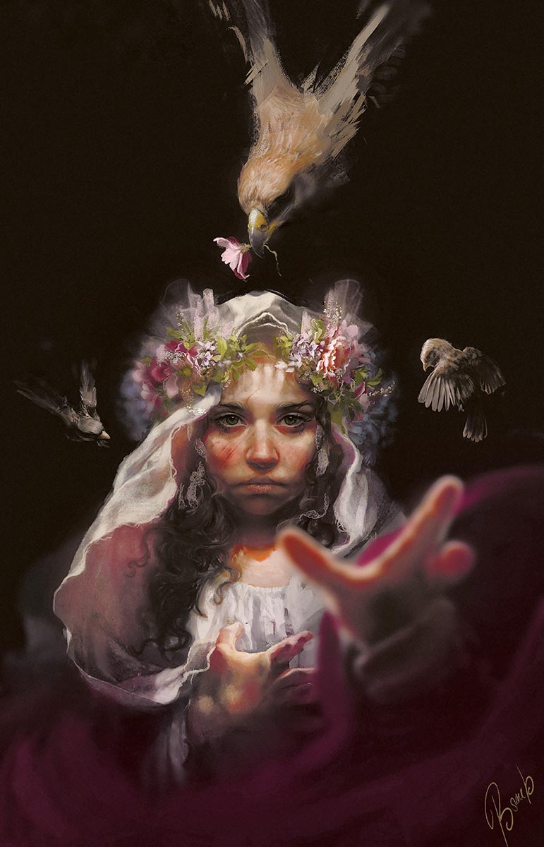 © Sylwia Bomba | Dziewczyna z kwiatami | „Portret dziewczyny pochłoniętej czernią tła i blaskiem światła. Ptaki są łącznikami pomiędzy ziemią a niebem, pomiędzy ludzką wolą a boską wolą”. | To prywatny projekt, który jest swego rodzaju wewnętrzną modlitwą artystki zapisaną symbolami renesansu. | 2015