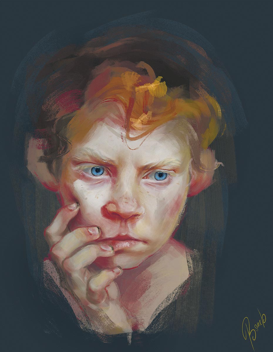 © Sylwia Bomba | Rudy | Portret powstał dla wydawnictwa 3D Total. | Przedstawia zamyślone chłopskie dziecko. | 2015 