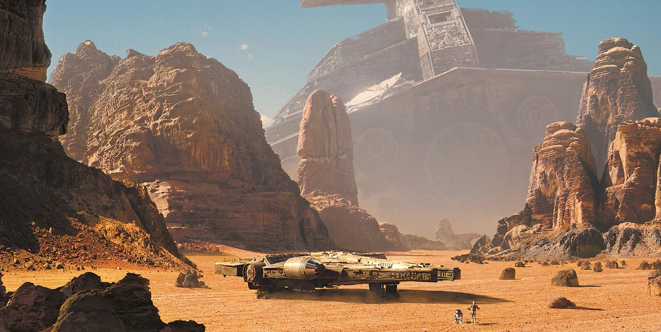 © Wojtek Fus | Droids | Grafika wykonana podczas kursu mattepaintingowego. Zainspirowana „Star Wars” i planetą Tatooine. Głównym celem podczas tworzenia była poprawna implementacja elementów fotograficznych. | 2016