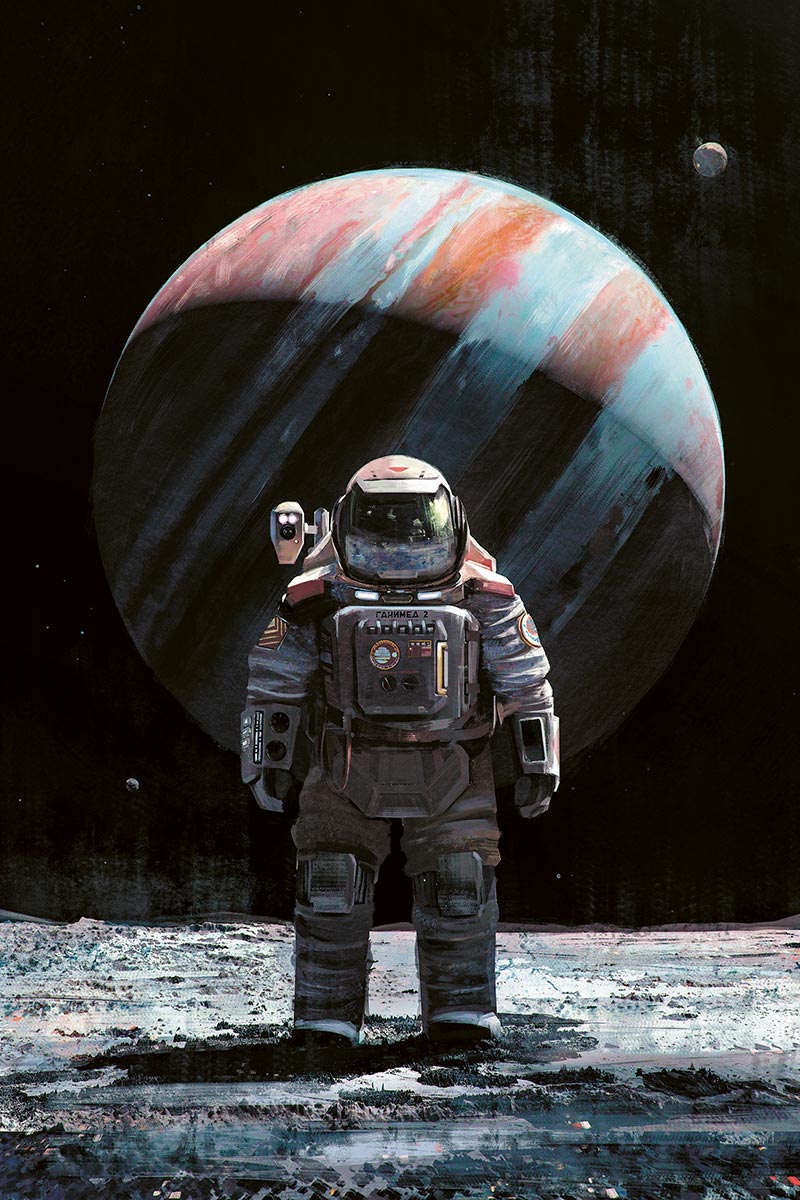 © Maciej Rębisz | Cosmonaut on Ganymede | Grafika powstała jako koncept do projektu „Space That Never Was”. | 2017 