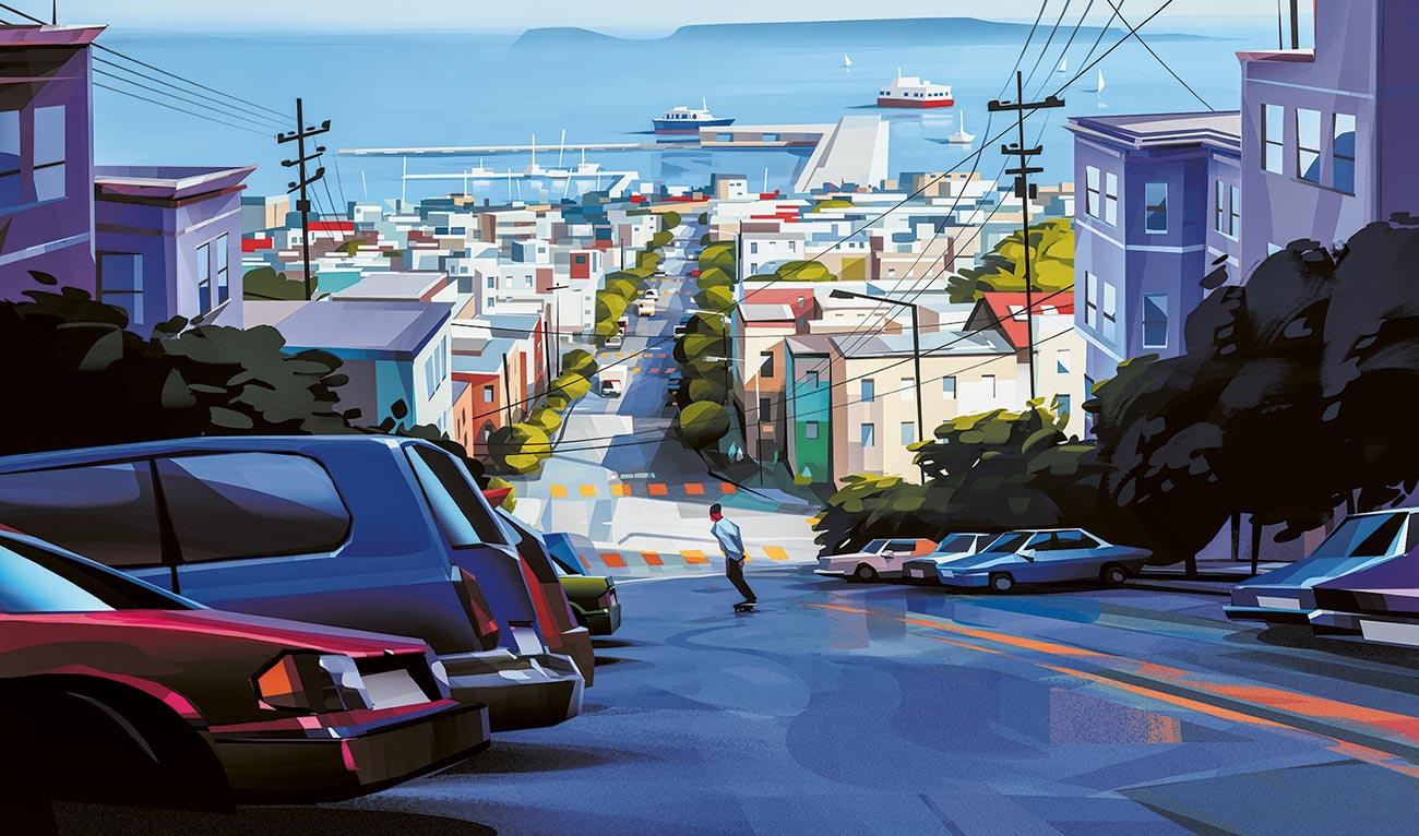 © Michał Sawtyruk | Hillbomb | Ilustracja przedstawia deskorolkowca zjeżdżającego w dół ulicy w San Francisco. | 2017