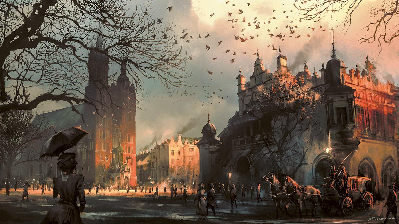 © Darek Zabrocki | The Market | „Gdy w 2015 roku pracowałem nad projektem Assassin's Creed: Syndicate (był jednym z moich upragnionych, do których chciałem dołożyć swój artystyczny wkład), pomyślałem, że fajnie by było stworzyć obraz, który oddałby koncepcję tej gry jednak osadzonej w Polsce XIX wieku”. | 2015 