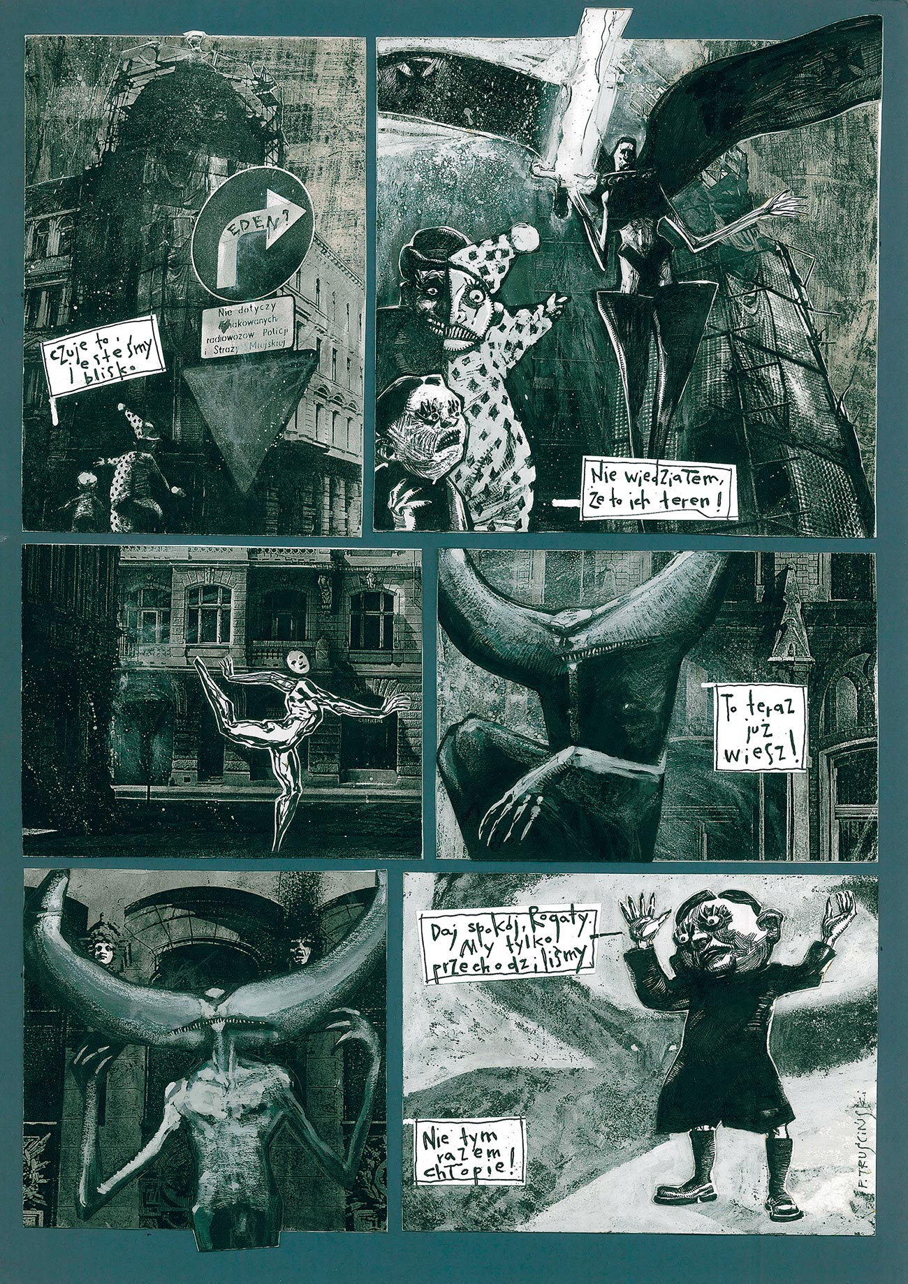 © Przemysław Truściński | Nie bajka | Przykładowa strona z komiksu. | Scenariusz: Jacek Waliszewski. | Wydawca: Komiks Forum, 1997 (fragmenty) | 1997*
